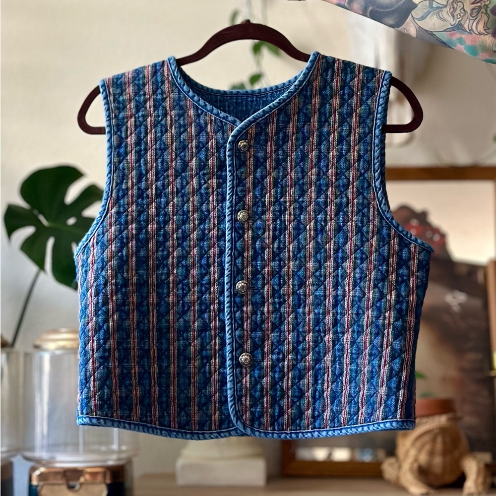 Striped Blue Button Down Vest - image 1